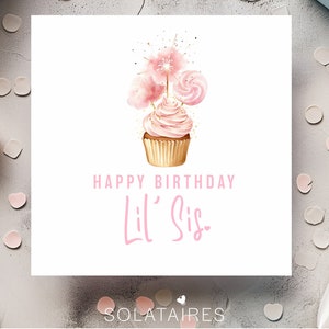 Gelukkige verjaardag kleine zus-kaart voor haar speciale dag, roze verjaardagskaart, van grote zus tot kleine zus, kinderverjaardagskaart, cupcakeverjaardag