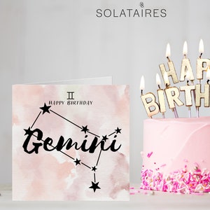Biglietto d'auguri per il segno zodiacale Gemelli nel Regno Unito, stampa della costellazione dell'oroscopo dei Gemelli, biglietti per i segni zodiacali dell'astrologia per il compleanno degli amici per lui/lei