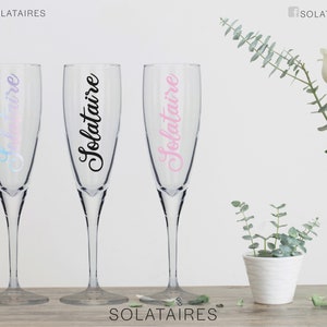 Personalised Name Champagne Flute Glasses UK, Drinking Prosecco Glasses, Custom Name Vinyl Celebration Glasses - Iridescent/Pink/Black
