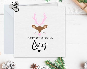First Christmas Baby Card,Personalised Baby Christmas Card,1ST Christmas Baby Girl Card,1ST Christmas Baby Boy Card,Reindeer Baby Xmas Card