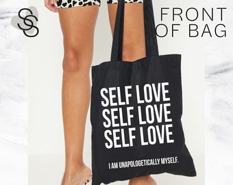 100% Black Cotton Slogan Tote HandBag Uk, Empowering Women Self Love Quote Print, Streetwear Fashion Shopping Bag Reusable With Long Handles