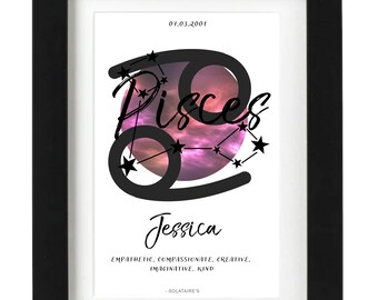 Impresión personalizada de signos del zodíaco de Piscis, Horóscopo de Piscis, Impresión de Piscis, Regalos de Piscis, Regalos personalizados, Arte de astrología, Celestial, Piscis StarSign