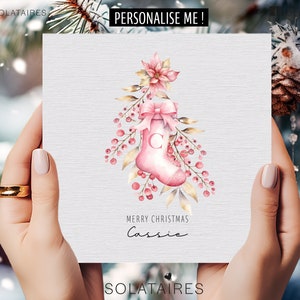 Biglietto di Natale rosa personalizzato per lei, biglietto di Natale di lusso con acquerello, calza della Befana, vischio - figlia/nipote/sorella/migliore amica
