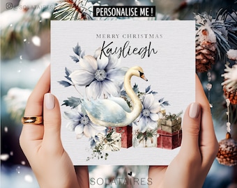 Biglietto di Natale personalizzato per lei, biglietto di Natale di lusso con acquerello, albero di Natale con cigno festivo - figlia/nipote/sorella/migliore amica