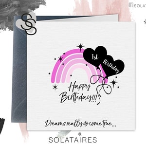 Carte d'anniversaire personnalisée arc-en-ciel pour elle, carte d'anniversaire arc-en-ciel rose girly mignonne, carte d'étape importante de l'âge des filles pour fille, amie, sœur