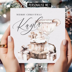 Carte de Noël personnalisée avec nom - Aquarelle festive, mets et cocktails Fille, Fils, Petite-fille, Petit-fils, Nièce, Neveu, Sœur, Frère, Ami