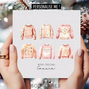 Personalised pink Christmas card for her,Luxury watercolour Xmas card,Christmas Jumper-Daughter/Granddaughter/Niece/Sister/Best friend