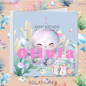Carte d'anniversaire personnalisée, tout âge, carte de créatures marines pour enfants, anniversaire de fille, 1er, 2e, 3e, 4e, 5e, fille, nièce, petite-fille, soeur