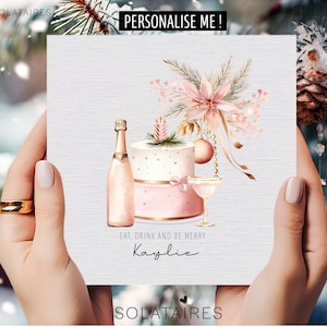 Personalised pink Christmas card for her,Luxury watercolour Xmas card,Festive Prosecco & cake-Daughter/Granddaughter/Niece/Sister/Friend