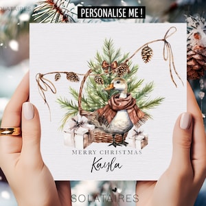 Personalised name Christmas card - Watercolour winter duck xmas tree,Daughter,Son,Granddaughter,Grandson,Niece,Nephew,Sister,Brother,Friend