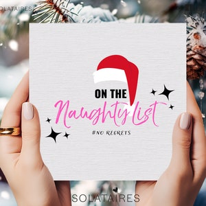 Pink Xmas Christmas Card UK,On the Naughty List Christmas Card,Santa&#39;s Hat,Sassy Quote Christmas Card for Bestfriend,Fun Christmas Card,