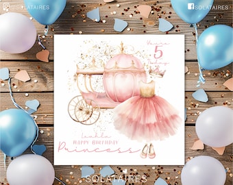 Może przedstawiać: Różowa i złota kartka urodzinowa z motywem księżniczki z karetą, koroną i różową baletnicą. Na kartce napisano "You're 5 Today" i "Happy Birthday Princess".