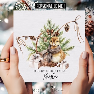 Personalised name Christmas card - Watercolour winter duck xmas tree,Daughter,Son,Granddaughter,Grandson,Niece,Nephew,Sister,Brother,Friend