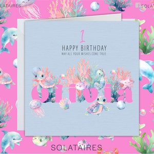 Carte d'anniversaire personnalisée, tout âge, carte de créatures marines pour enfants, Fille d'anniversaire, 1er, 2e, 3e, 4e, 5e, Fille, Nièce, Petite-fille, Sœur