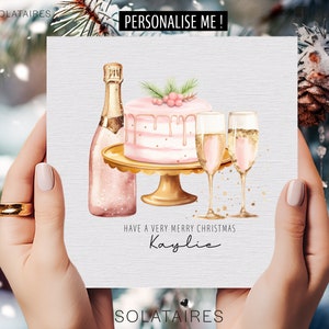 Carte de Noël rose personnalisée pour elle, carte de Noël aquarelle de luxe, lunettes de prosecco festives-fille/petite-fille/nièce/soeur/amie