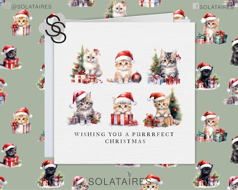 May include: A Christmas card featuring a watercolor illustration of adorable kittens wearing Santa hats and surrounded by presents and a Christmas tree. The card reads "Wishing you a purrrrfect Christmas".