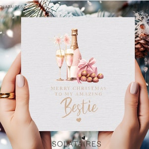 Personalised Best Friend Christmas card,Pink Christmas card,Merry Christmas bestie, Christmas celebration, Prosecco glasses. and chocolate
