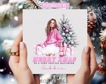 Pink Christmas card for daughter, Personalised Christmas card daughter,Daughter xmas card, Xmas cards for daughter, Daughter Christmas gift