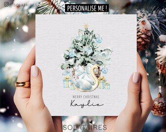 Biglietto di Natale personalizzato per lei, biglietto di Natale di lusso con acquerello, albero di Natale con cigno festivo - figlia/nipote/sorella/migliore amica