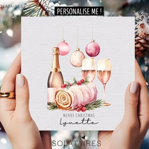 Personalised pink Christmas card for her,Luxury watercolour Xmas card,Prosecco Xmas logue&#39;s cake-Daughter/Granddaughter/Niece/Sister/Friend
