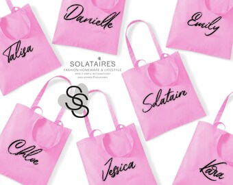 Damen personalisierte Name Einkaufstasche UK, 100% Baumwolle Einkaufstasche, wiederverwendbare Tasche, Damen Umhängetasche, rosa Tote, Geschenk für Freund, Schultasche