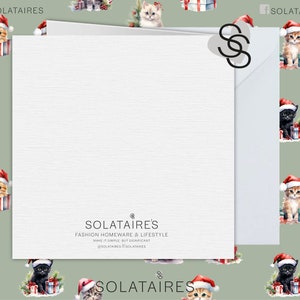 May include: A white card with a green background featuring a repeating pattern of cats wearing Santa hats and holding presents. The card has the text "SOLATAIRE'S" in black lettering and the text "FASHION HOMEWARE & LIFESTYLE" in smaller black lettering. The text "MAKE IT SIMPLE BUT SIGNIFICANT" is in even smaller black lettering. The text "@SOLATAIRES #SOLATAIRES" is in the smallest black lettering.