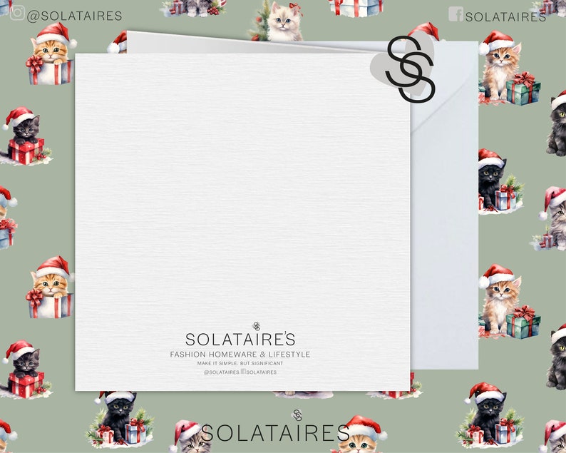 May include: A white card with a green background featuring a repeating pattern of cats wearing Santa hats and holding presents. The card has the text "SOLATAIRE'S" in black lettering and the text "FASHION HOMEWARE & LIFESTYLE" in smaller black lettering. The text "MAKE IT SIMPLE BUT SIGNIFICANT" is in even smaller black lettering. The text "@SOLATAIRES #SOLATAIRES" is in the smallest black lettering.