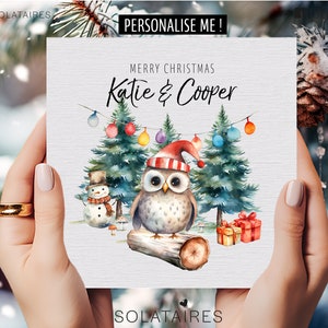 Biglietto di Natale personalizzato, boschi acquerellati, biglietto di Natale gufo-figlia, figlio, nipote, nipote, nipote, sorella, fratello, amico