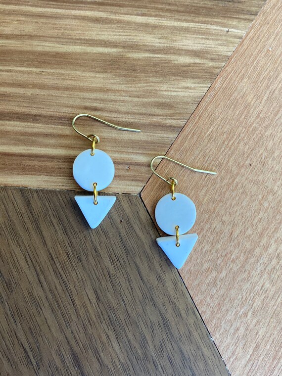 White Circle and Triangle Earrings, Minimalist Earrings, Modern