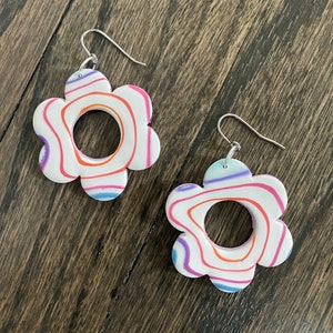 Rainbow Swirl Flower Earrings, Clay Earrings, Handmade Polymer Clay Earrings, Geometric Clay Dangle Earrings,