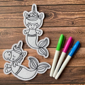 Unicorn Mermaids Flat Colouring Dolls Digital Embroidery Design