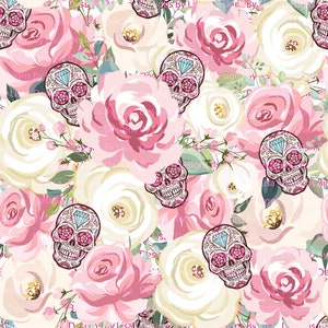 12&quot; x 12&quot; Pretty Pink Skulls Seamless Pattern, Digital Paper, Instant Digital Download, High Resolution PNG File