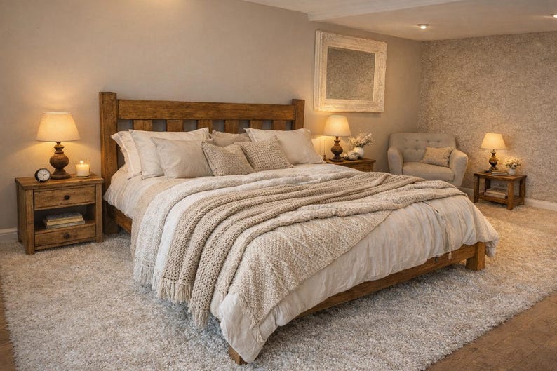 Estructura de cama de madera maciza hecha a mano: estilo rústico campestre con MONTAJE GRATUITO en la entrega ¡OFERTA! imagen 1