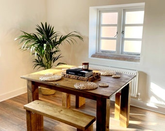 Handmade Rustic Dining Table with 2 Free Benches: Solid Wood Kitchen Furniture