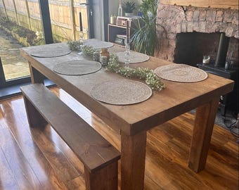 Handmade Rustic Chunky Wood Dining Table with SALE THIS WEEKEND only! Full set includes 2 free Benches