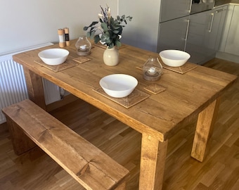Sale 2" thick top AND 2 FREE BENCHES. Thick Rustic Dining Table, Made to order, any size available super Sale this week only 5* reviews
