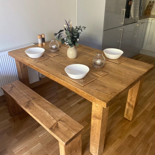 Sale 2" thick top AND 2 FREE BENCHES. Thick Rustic Dining Table, Made to order, any size available super Sale this week only 5* reviews