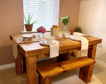 3" Thick Top Extra Chunky Table WITH 2 FREE BENCHES, Made to order.