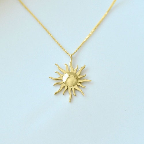 14K Gold Sun Necklace Sunburst Celestial Pendant Sun Charm Etsy