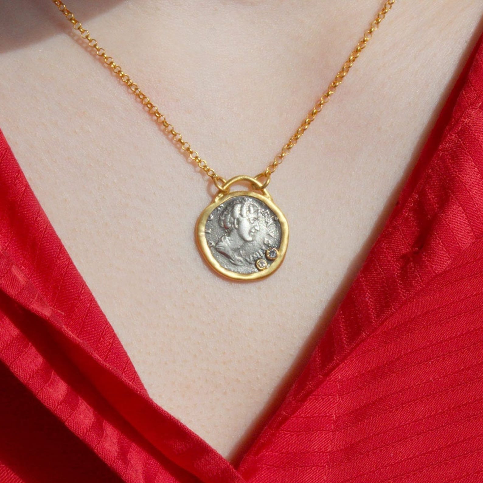 Coin Diamond Necklace 14k Gold Etsy