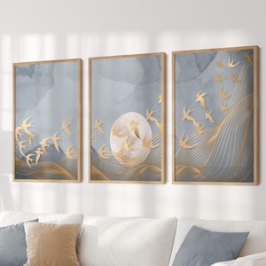 Abstrakt Gold Vögel Mond Druck Leinwand Poster Wohnzimmer Wand Dekor Ungerahmt 