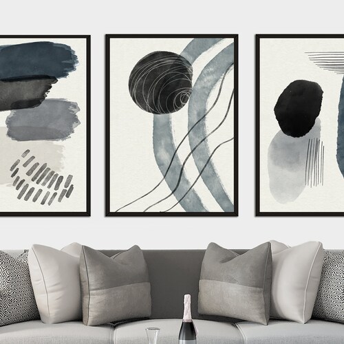 Set of 3 Navy Abstract Art Prints Modern Art Blue Grey Etsy UK
