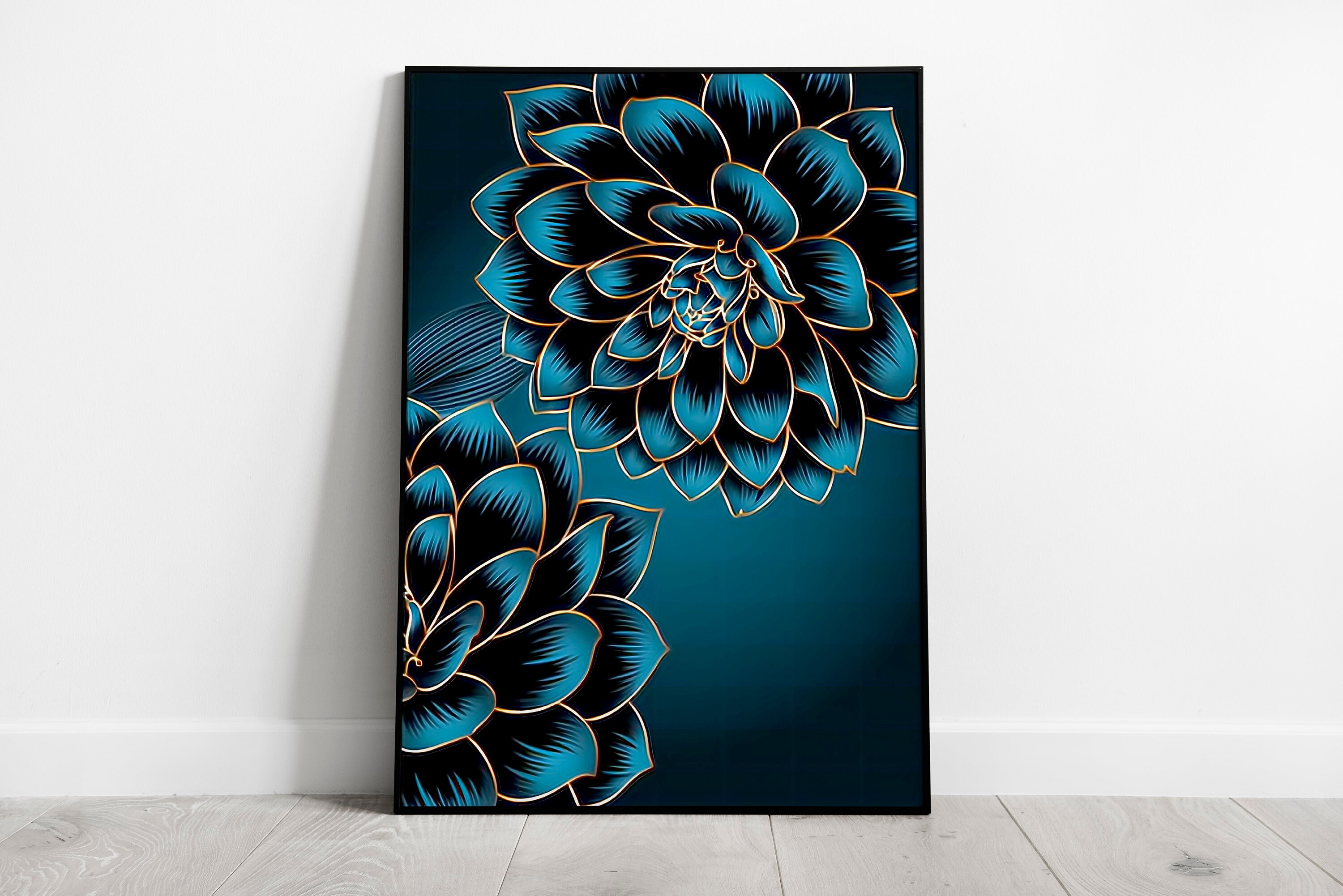 Gold and Blue Prints Set of 3 Flower Wall Art Gold Wall Etsy