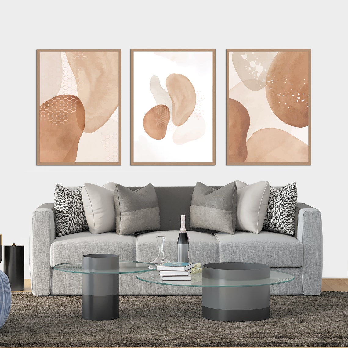 Brown and Beige Abstract Prints Set of 3 Framed Wall Art Etsy