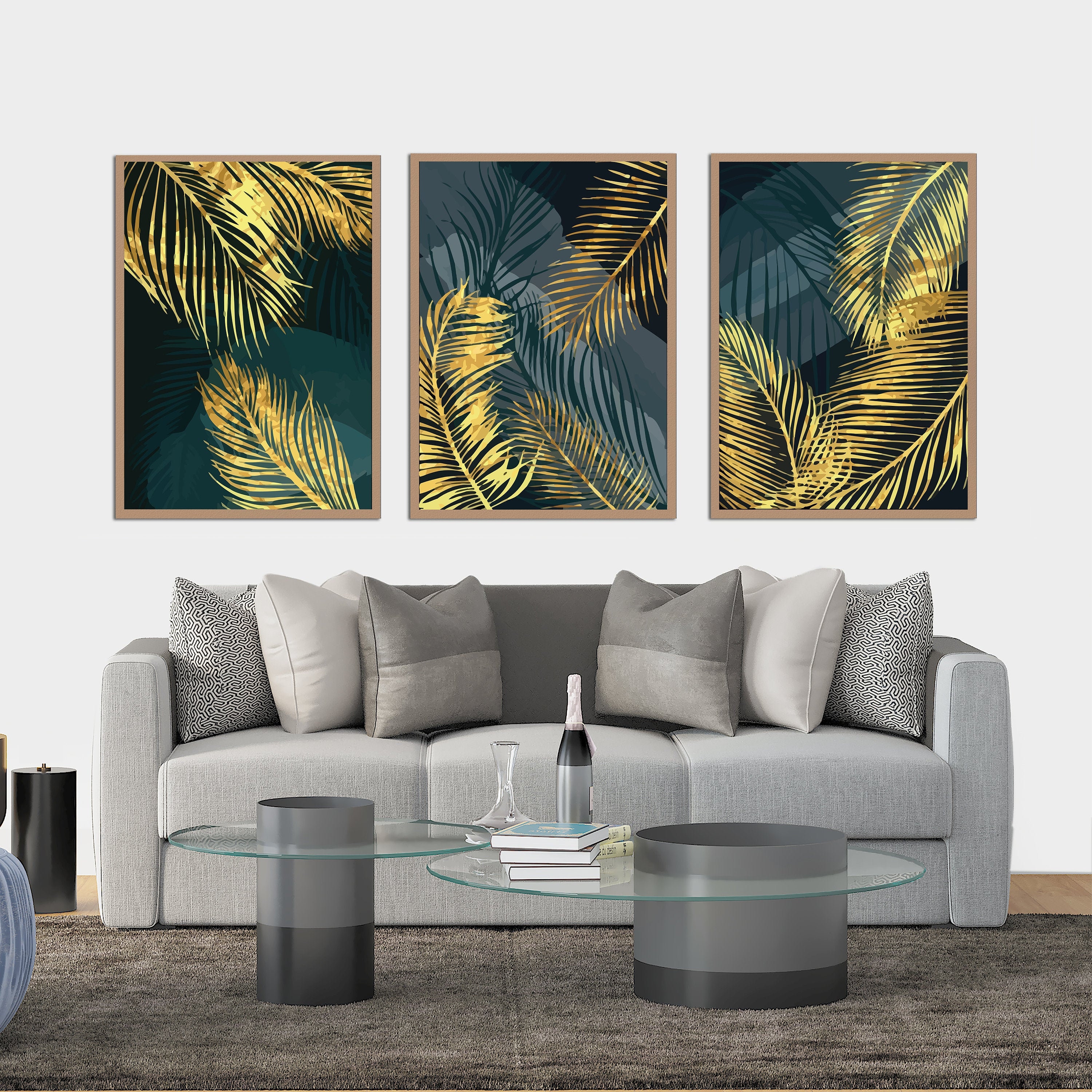 Set of 3 Green and Gold Palm leaves print Framed wall art Etsy