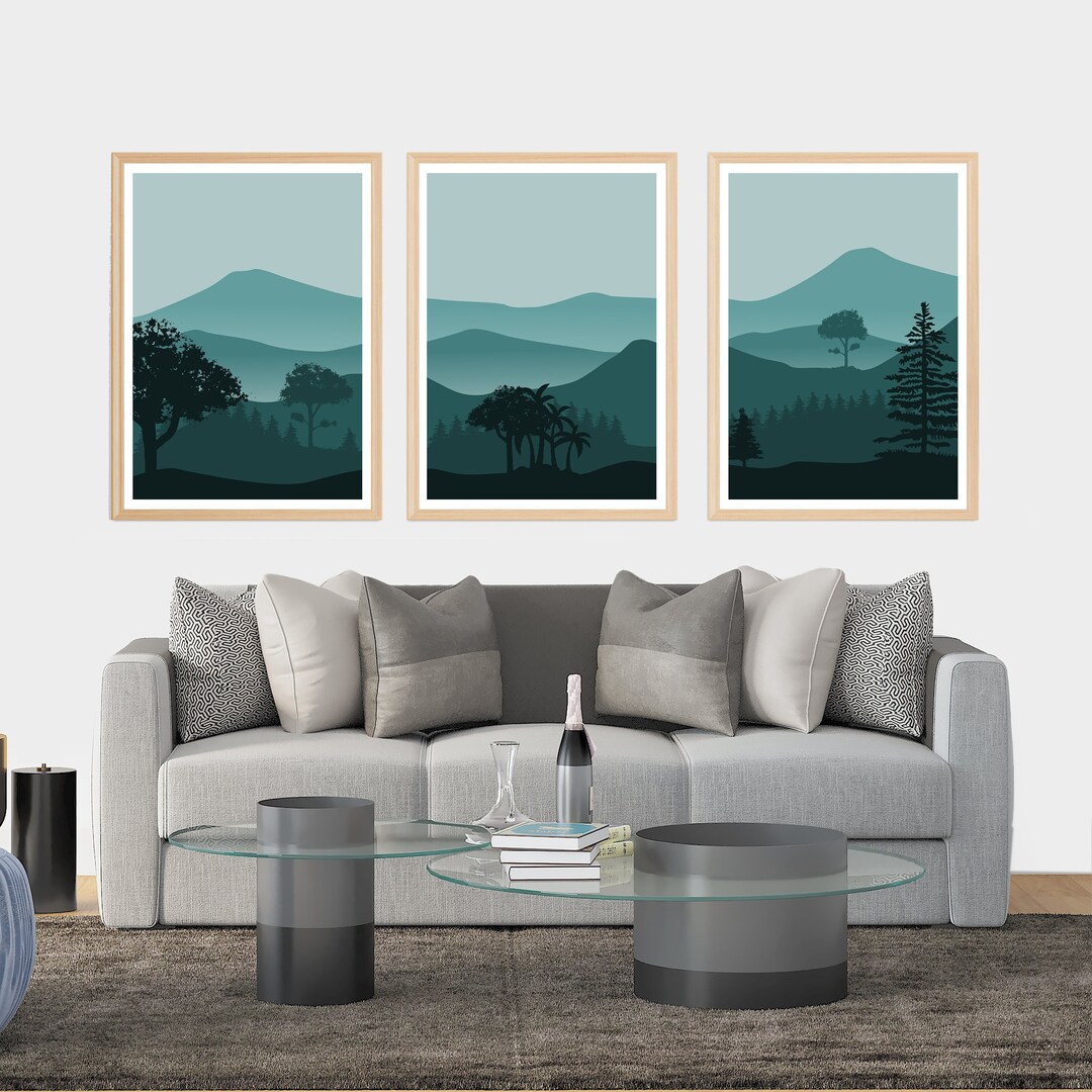 Nordic Landscape Art Print Set of 3 Teal Trees Misty Fog - Etsy