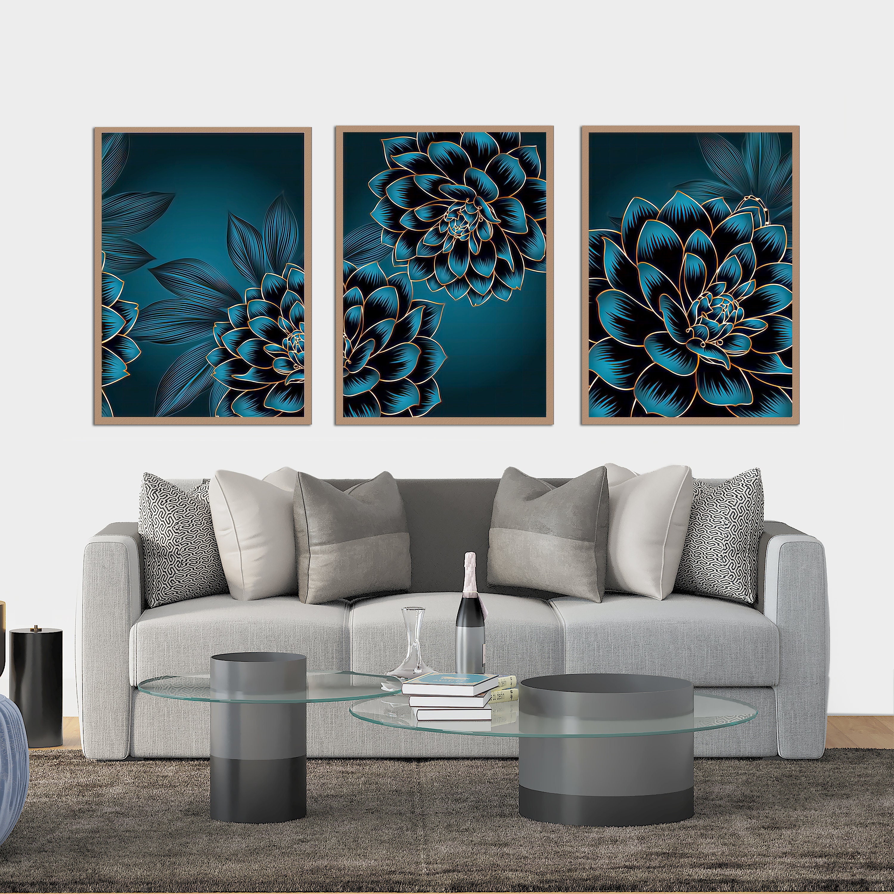 Gold and Blue Prints Set of 3 Flower Wall Art Gold Wall Etsy