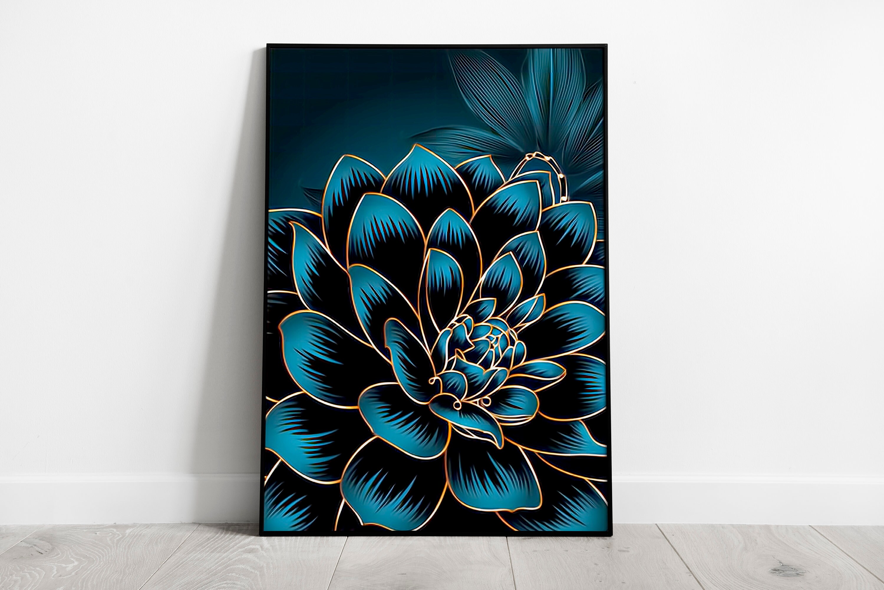 Gold and Blue Prints Set of 3 Flower Wall Art Gold Wall Etsy