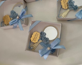 Luxury Mirror Favors with Box ,Personalized Wedding Favor,Gold Mirror with blue flowers,Sweet 16 gift,Birthday Guest Favors,Bridal Shower