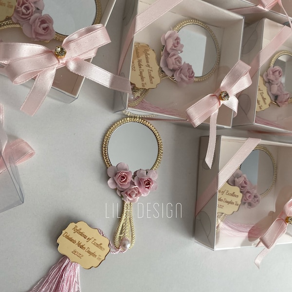 Bomboniere a specchio di lusso con scatola, bomboniere personalizzate, specchio dorato con fiori rosa, regalo dolce 16, bomboniere per gli ospiti di compleanno, addio al nubilato